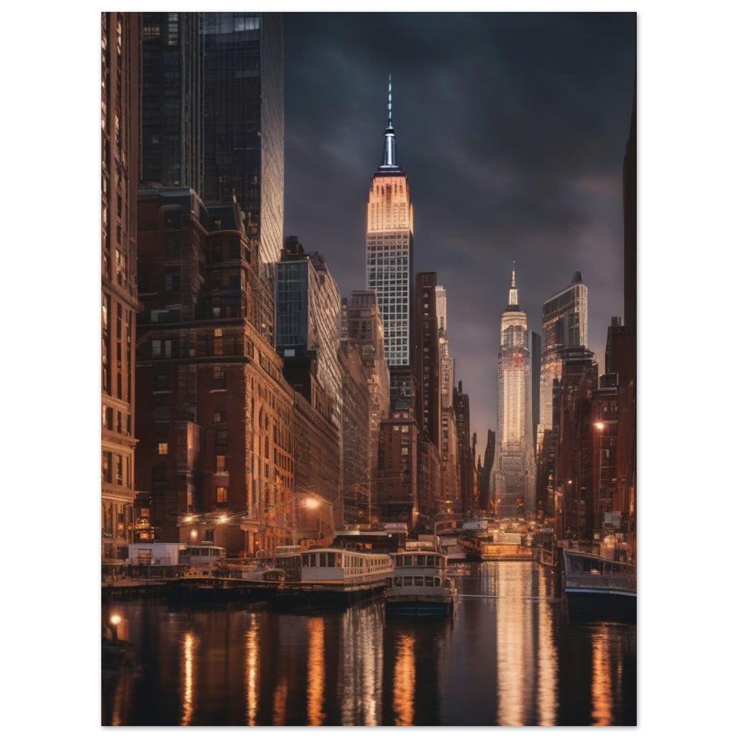 digital wall art that captures the allure of a cosmopolitan city as its warm yellow lights dance upon the calm sea.