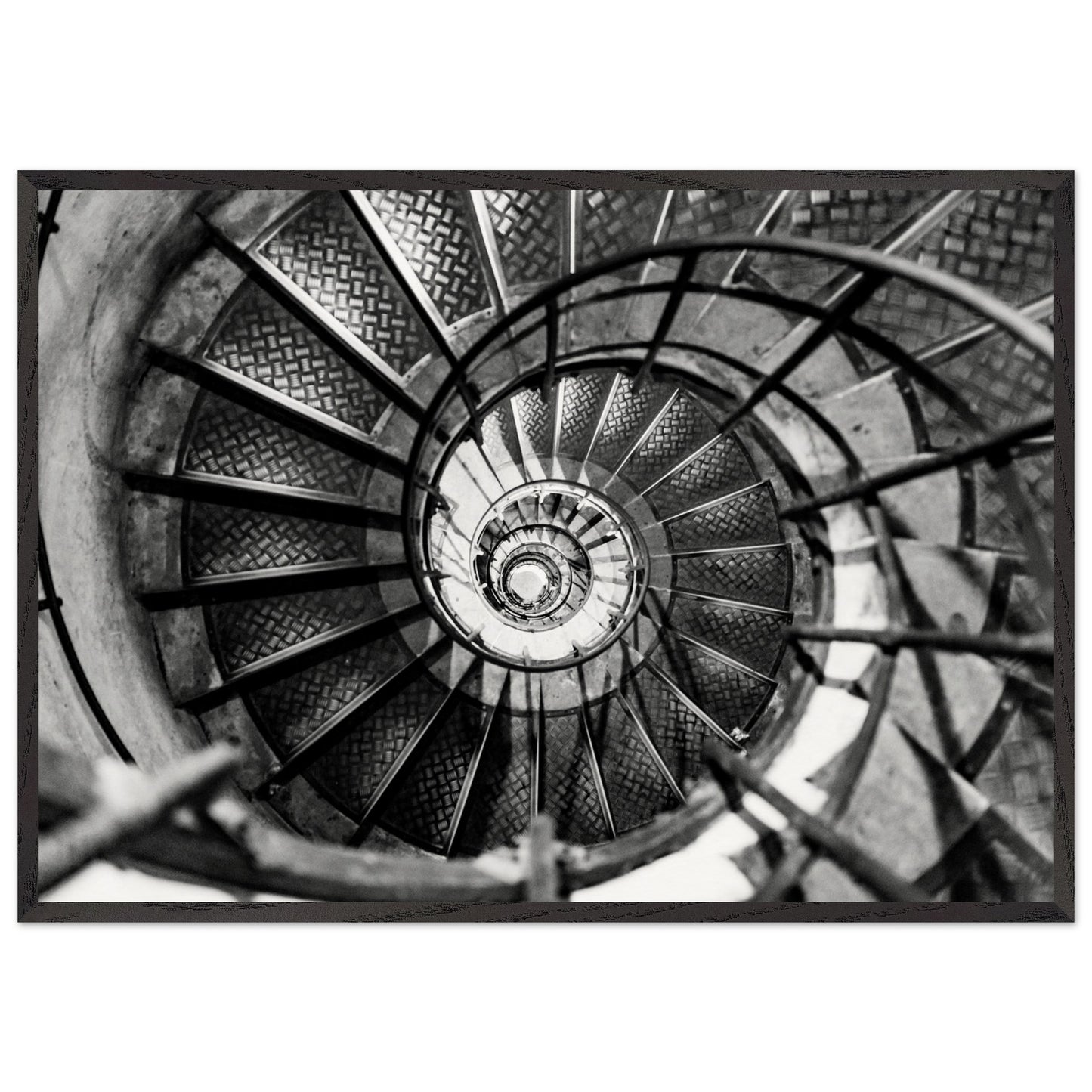 A Black and white photography of an elegant spiral staircase. High-end Poster and Frame