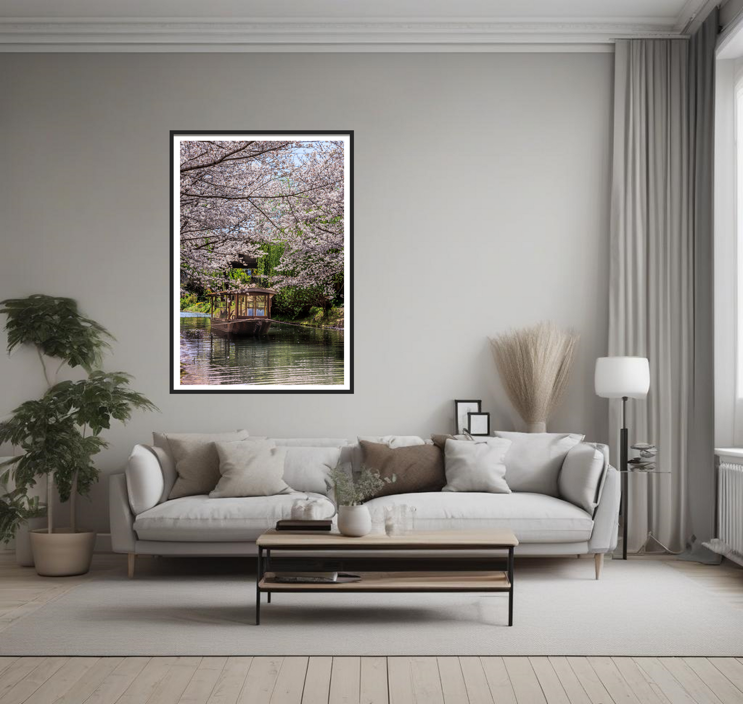 Cherry blossom wall art featuring blooming cherry trees over a river with a boat, ideal for modern or rustic home decor, evoking serenity and natural elegance.