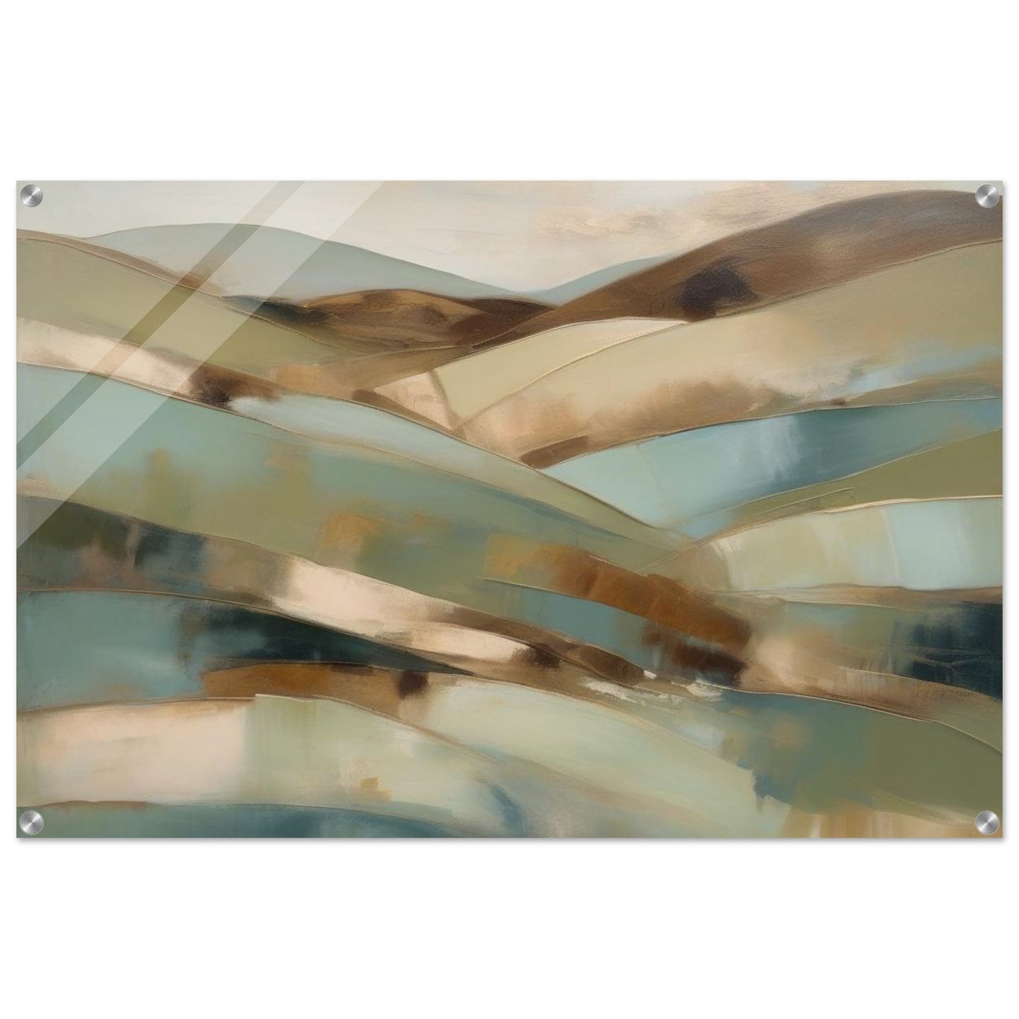 Abstract artwork, inspired by sprawling landscapes and flourishing fields that evoke images of rolling hills painted in soft greens, warm browns, and muted blues. Acrylic.