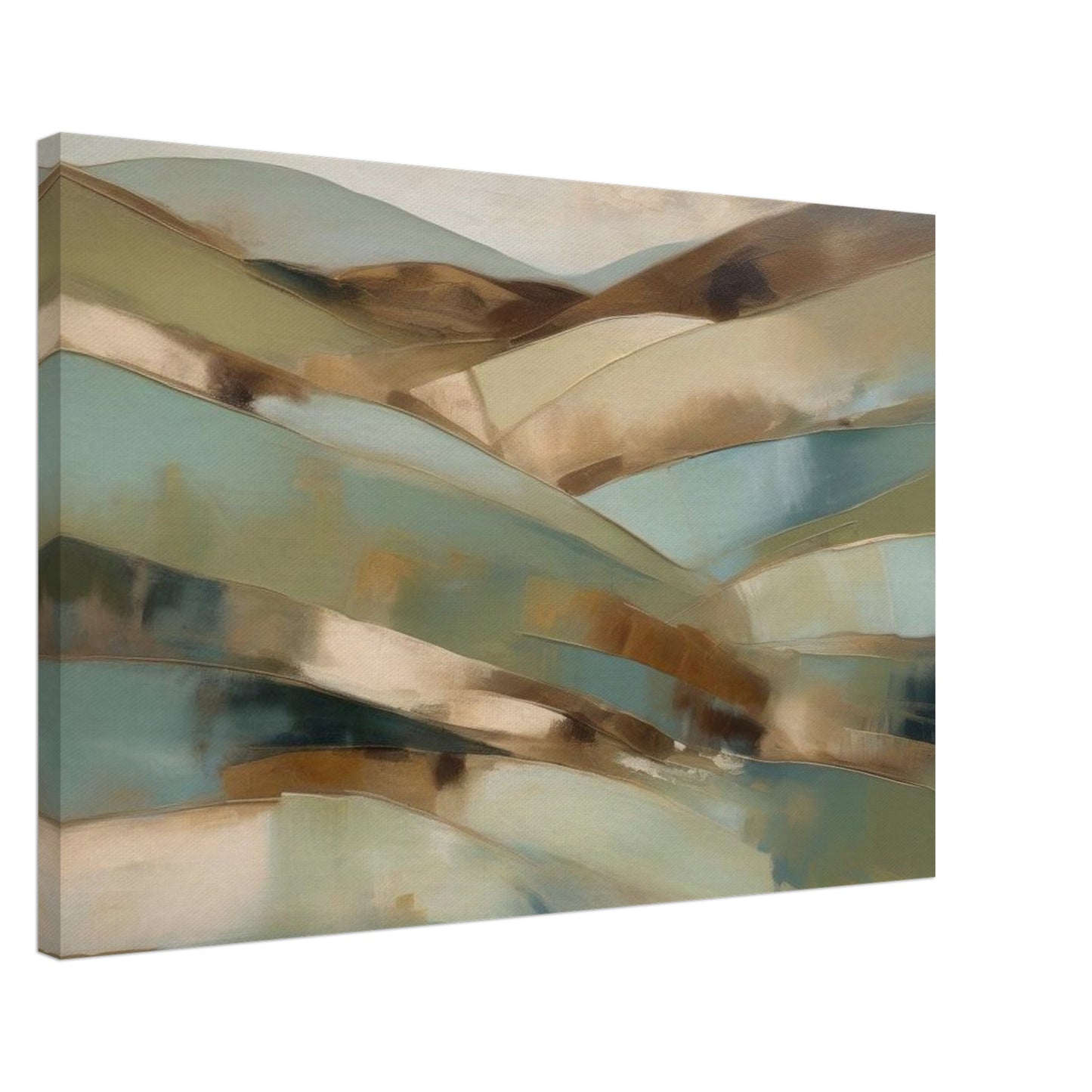 Abstract artwork, inspired by sprawling landscapes and flourishing fields that evoke images of rolling hills painted in soft greens, warm browns, and muted blues. Canvas