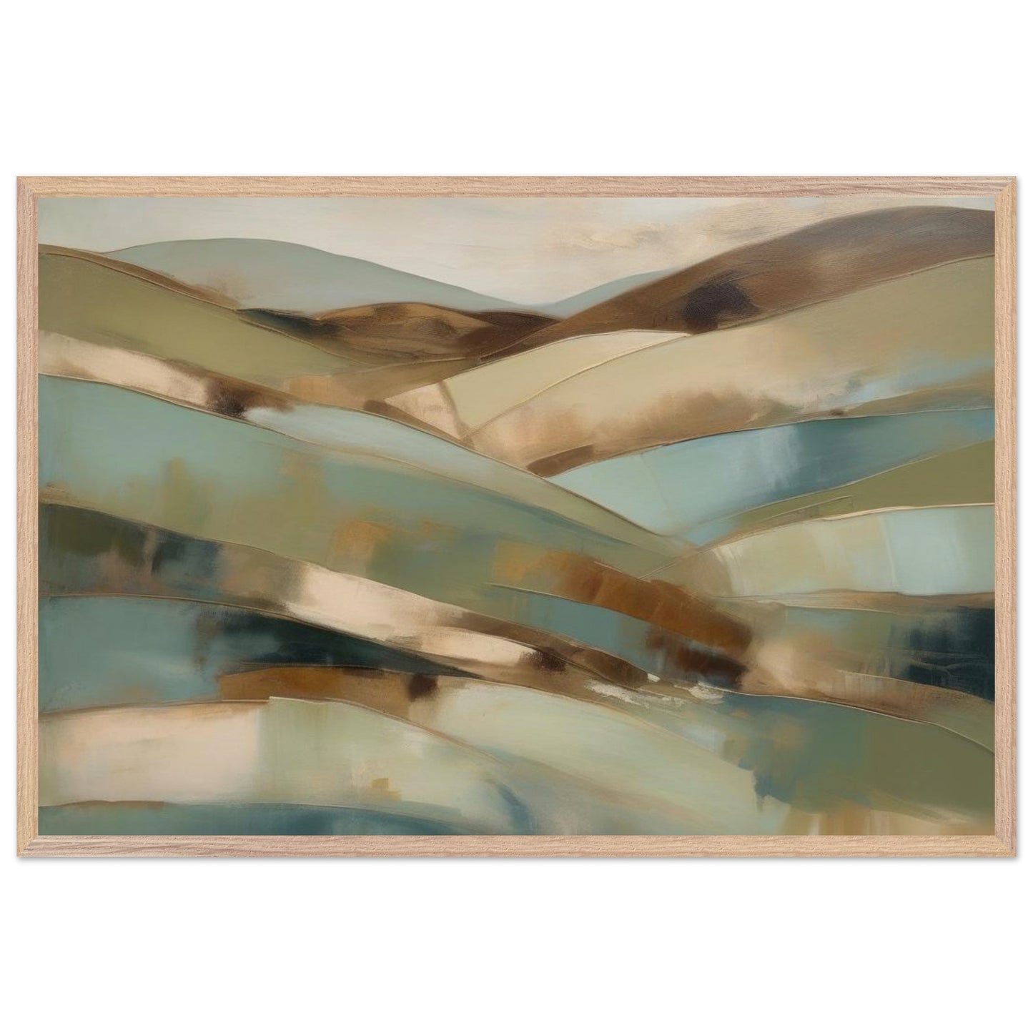 Abstract artwork, inspired by sprawling landscapes and flourishing fields that evoke images of rolling hills painted in soft greens, warm browns, and muted blues. Poster. Frame.