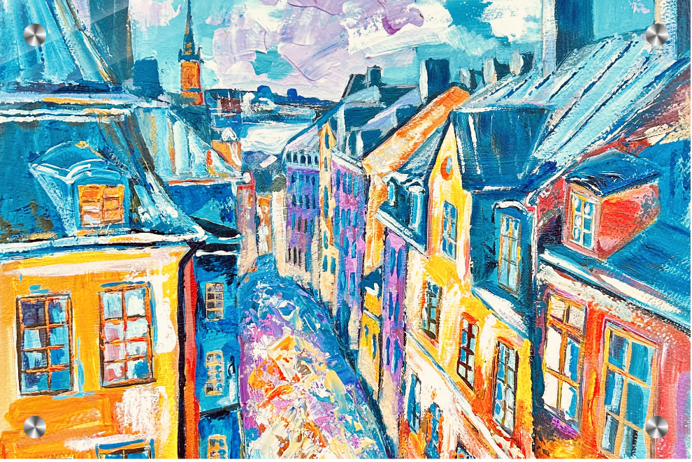 Colorful painting of a street with houses and rooftops