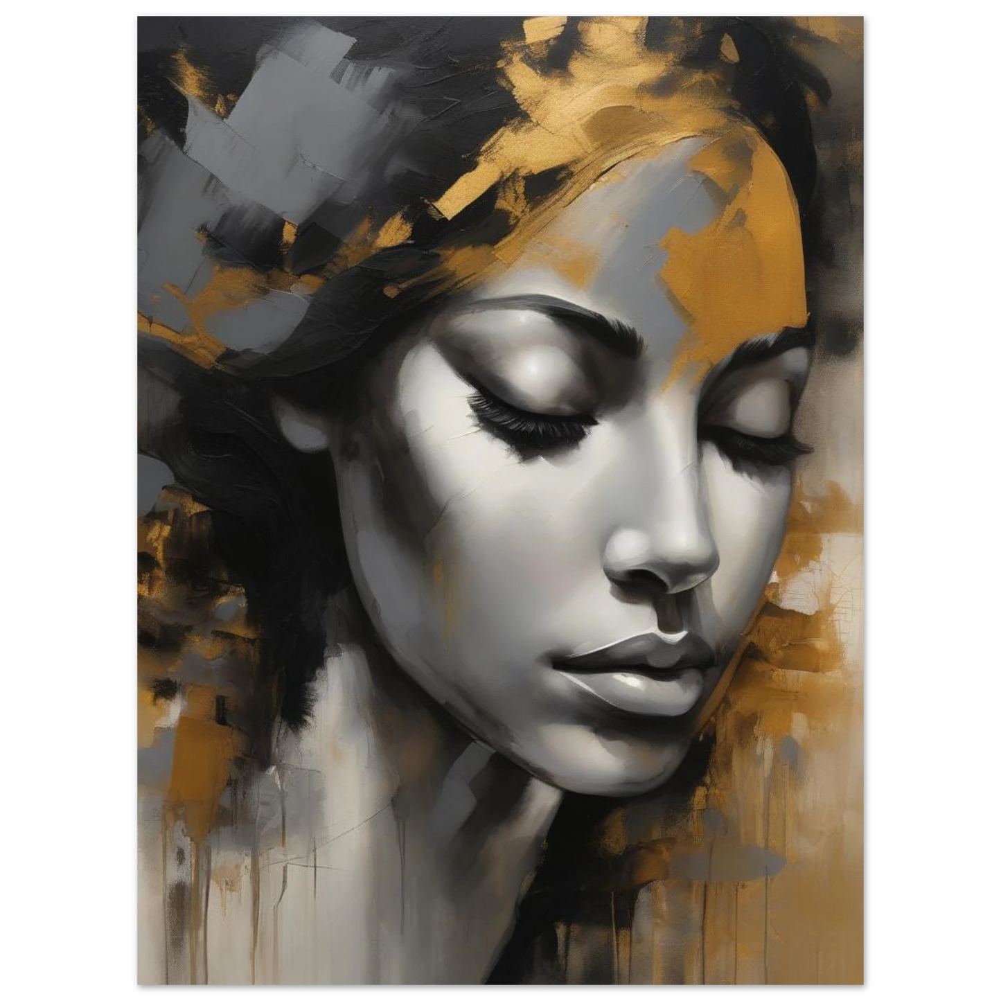Subtle. Serene. Unshakably elegant. “Grace” honors the quiet strength of femininity through a gentle, soul-stirring portrait. A young woman turns slightly to the side, her eyes softly closed in a moment of introspection and ease. Her presence is calm, yet undeniably powerful. Museum-quality materials.