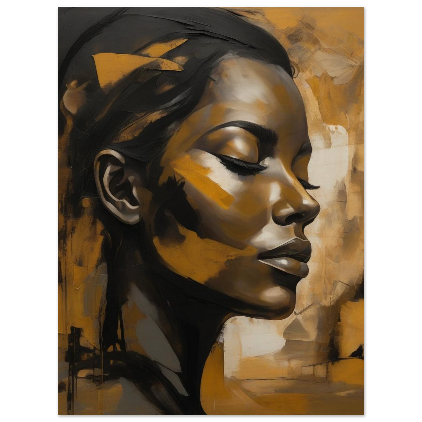 Serene abstract portrait art celebrating feminine strength, calm, and inner peace with gold and ochre tones displaying a woman with her eyes closed featuring her beautiful face details in a full state of peace. Museum-quality material. Poster material