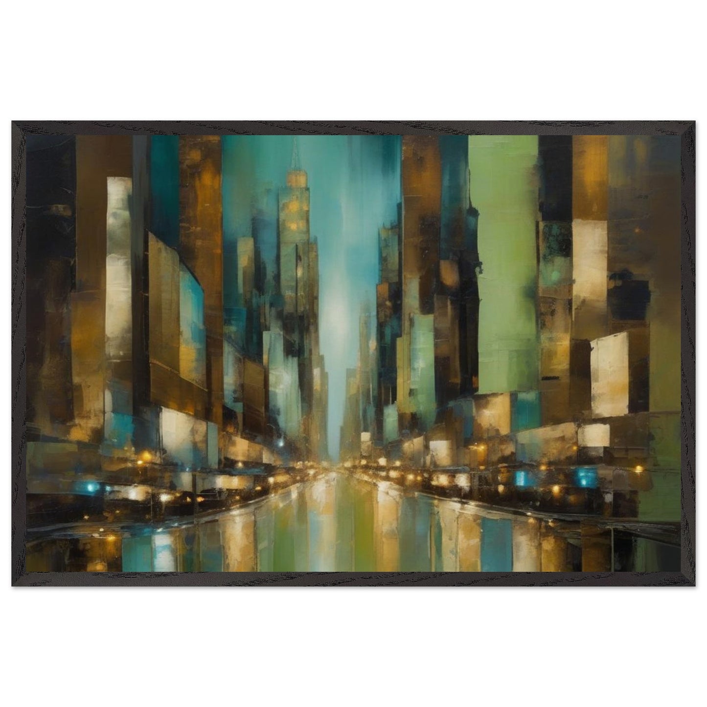 Abstract artwork, inspired by the enchanting allure of New York at night, highlighted with soft greens, warm browns, and muted blues. Poster and Frame.