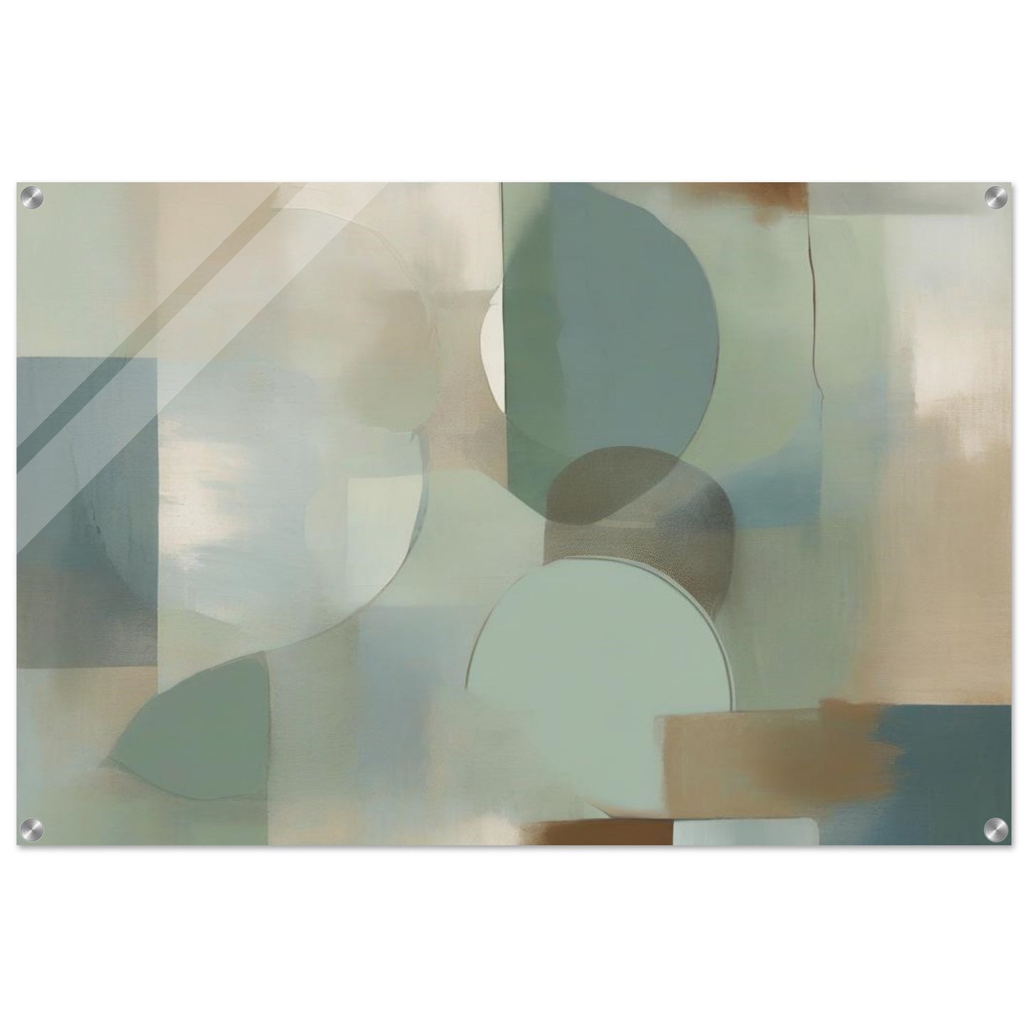 A minimalistic abstract painting inspired by nature, featuring soft greens, warm browns, and muted blues. Acrylic.