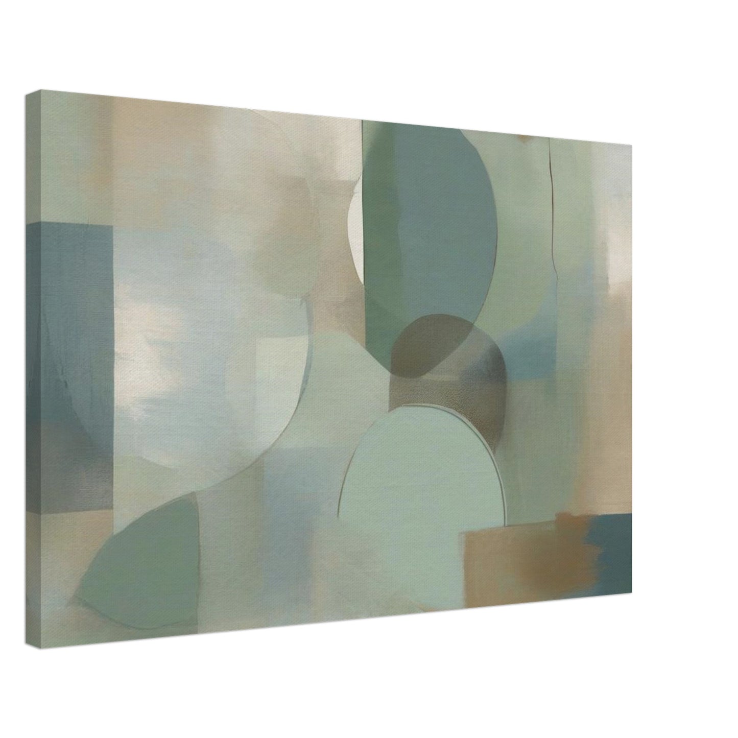 A minimalistic abstract painting inspired by nature, featuring soft greens, warm browns, and muted blues. Canvas