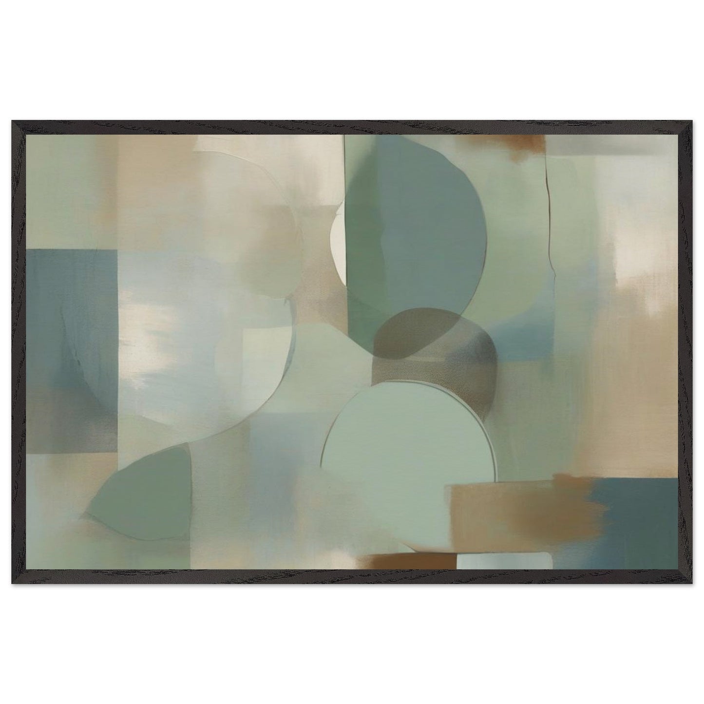 A minimalistic abstract painting inspired by nature, featuring soft greens, warm browns, and muted blues. Poster. Frame