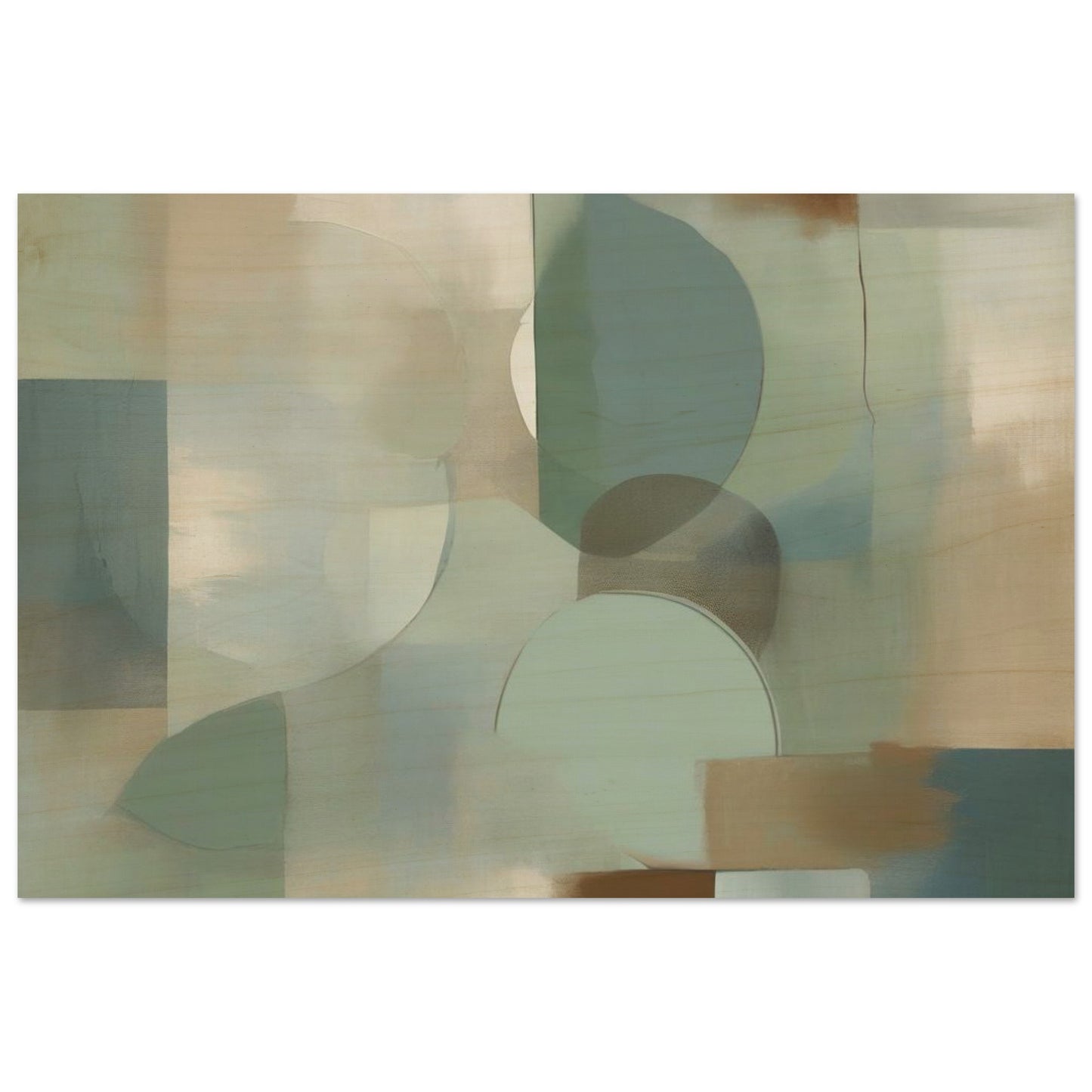 A minimalistic abstract painting inspired by nature, featuring soft greens, warm browns, and muted blues. Wood.