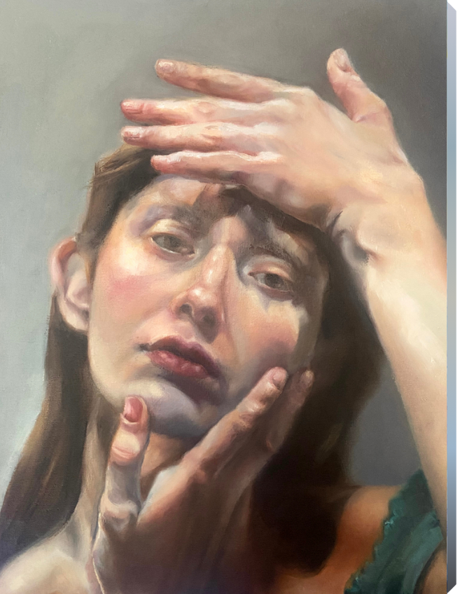 Artistic depiction of a woman with hands on her face against a neutral background