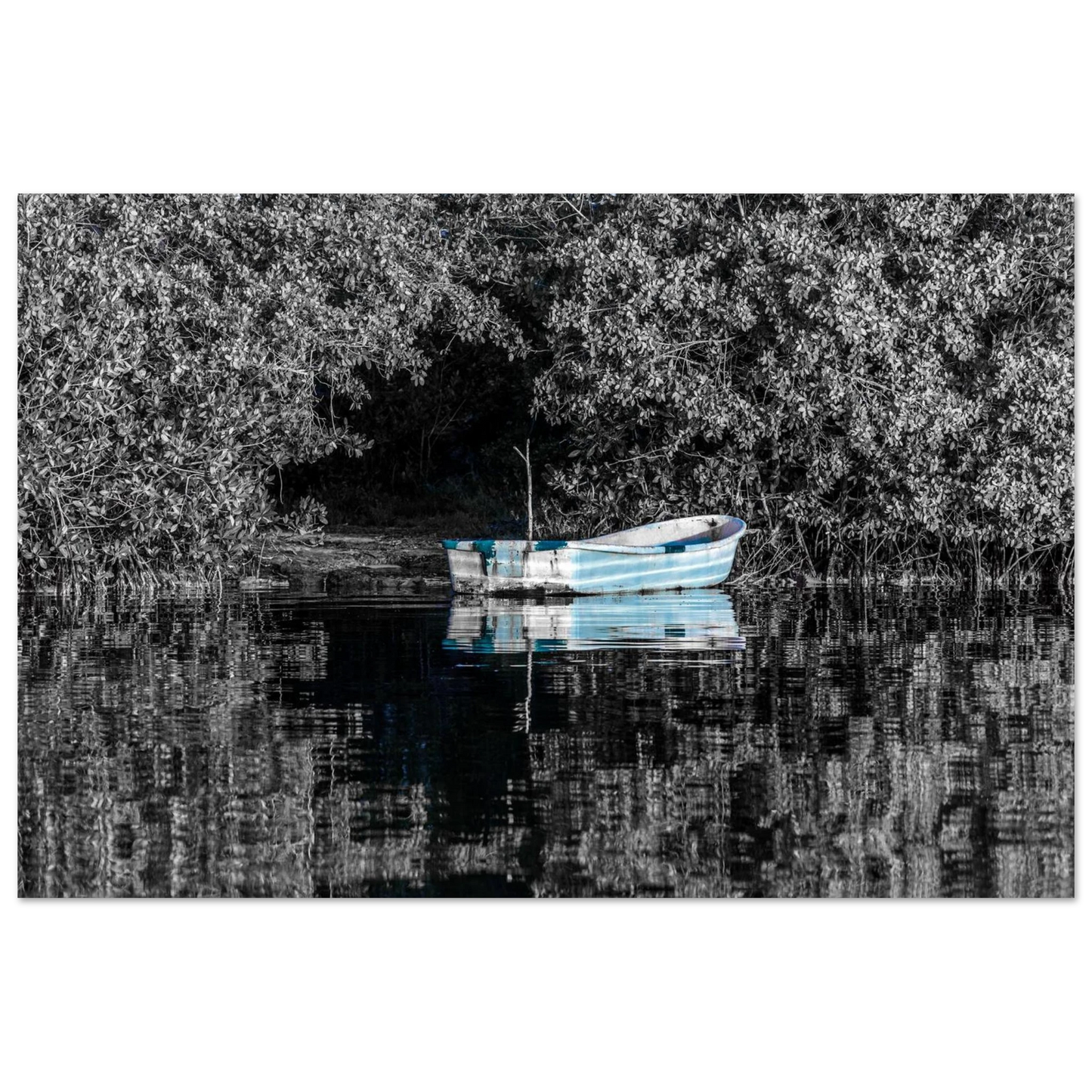 “Standing Out” captures a peaceful blue boat in contrast with black-and-white trees and water reflections. A soulful piece for minimalist and romantic homes.