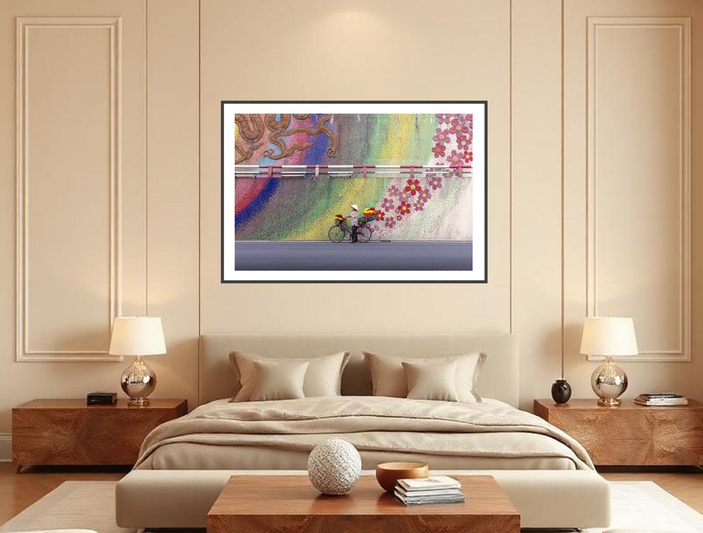 Beautiful photography of a vietnamese woman in a bike with flowers that seems been an extension of a nice colourful path of flowers on the wall