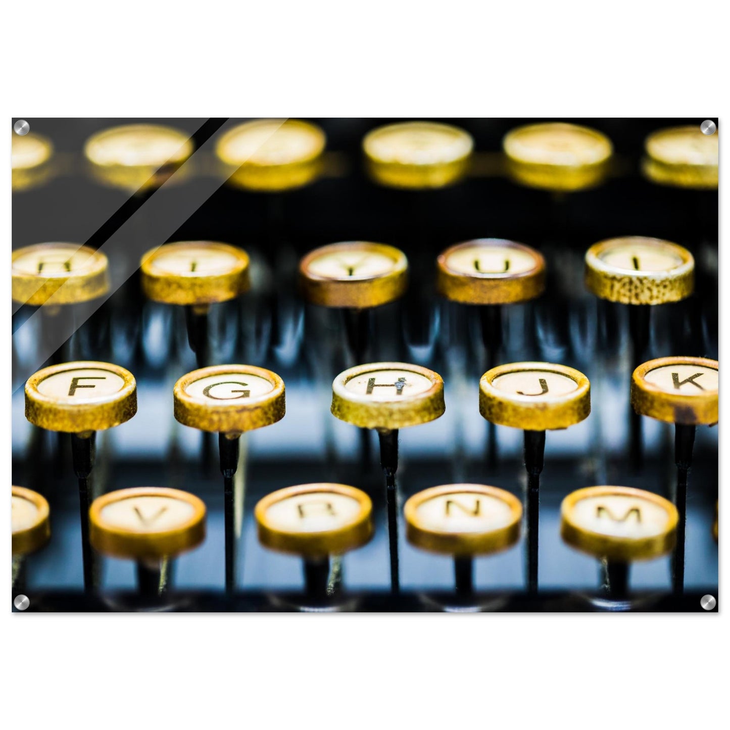 This evocative photograph reveals a stunning golden keyboard, its keys worn smooth by the countless words and narratives crafted over time. Bring a touch of elegance and inspiration to any space. Acrylic.