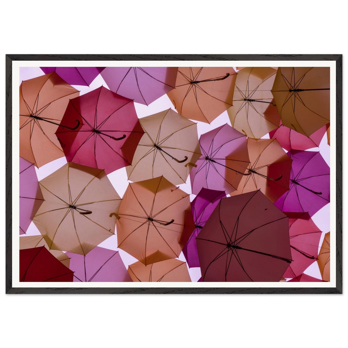 Photography of enchanting sight of a ceiling formed with open umbrellas in soft muted pink and nude tones. Customized Size. Poster. Frame.