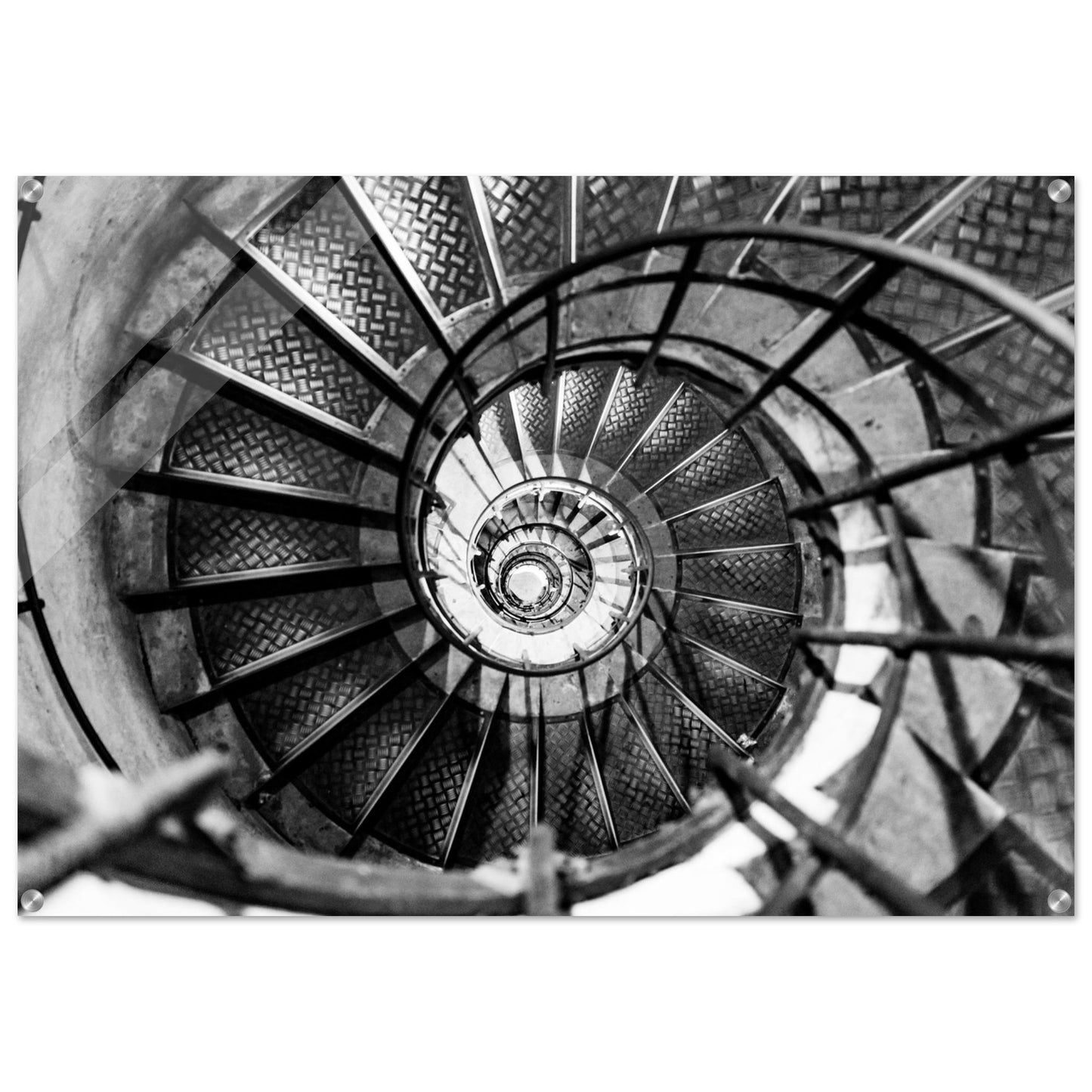 A Black and white photography of an elegant spiral staircase. High-end Acrylic printing.