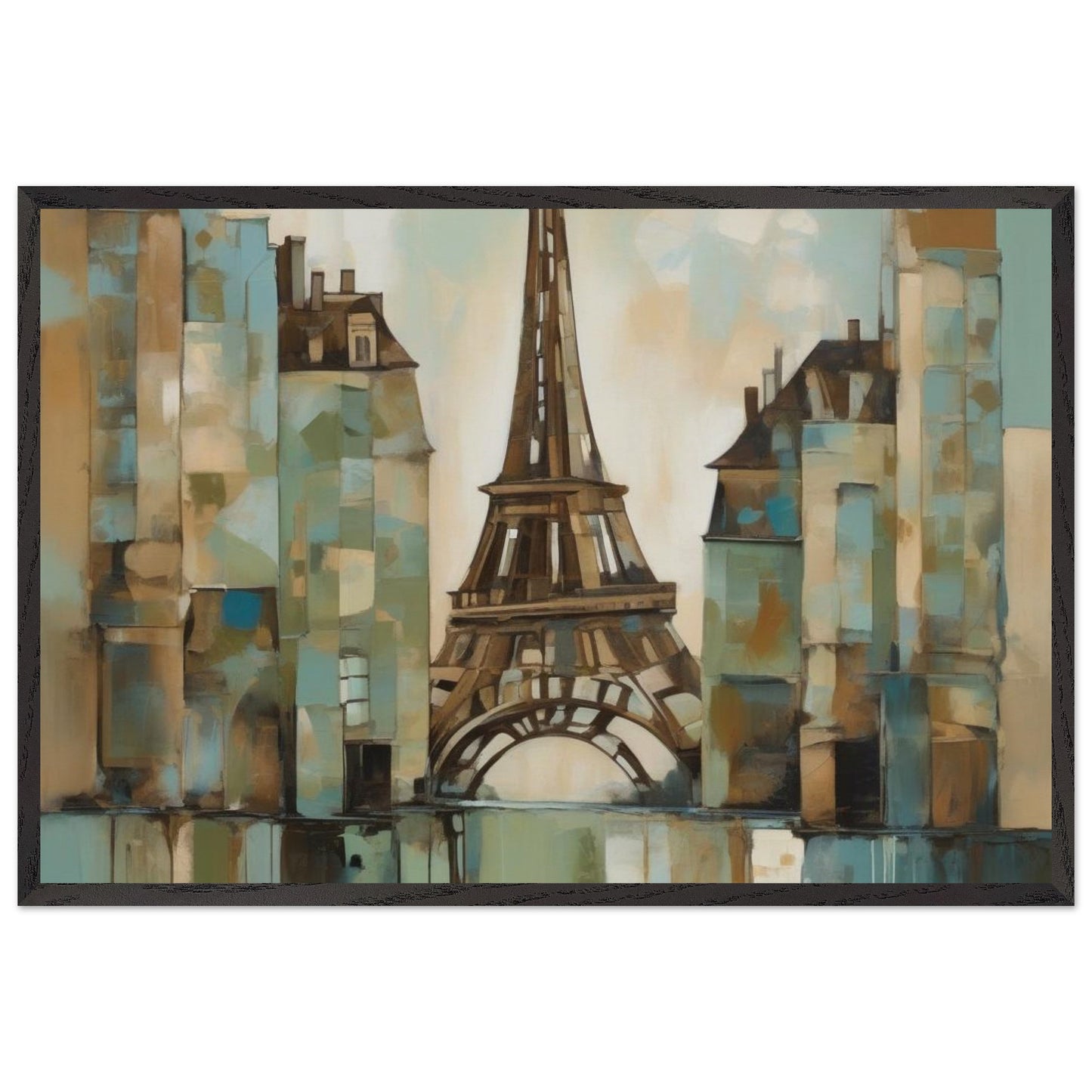 An abstract artwork, inspired by the enchanting landscapes of Italy and the iconic silhouette of the Eiffel Tower, blending vibrant soft greens, warm browns, and muted blues. Poster and Frame.