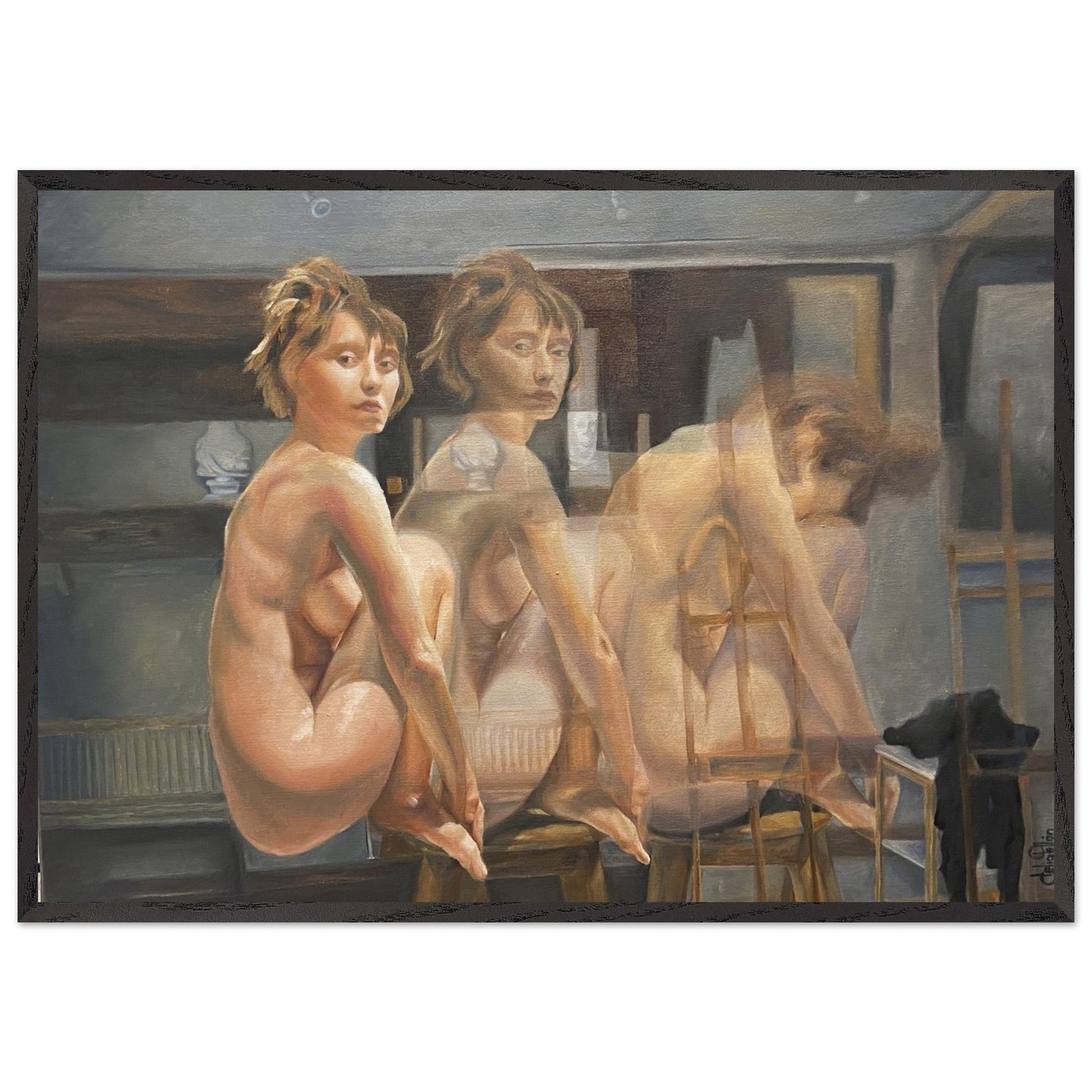 An evocative portrait of a woman in the present and in movement, creating an atmosphere of profound connection to self. Poster. Frame.