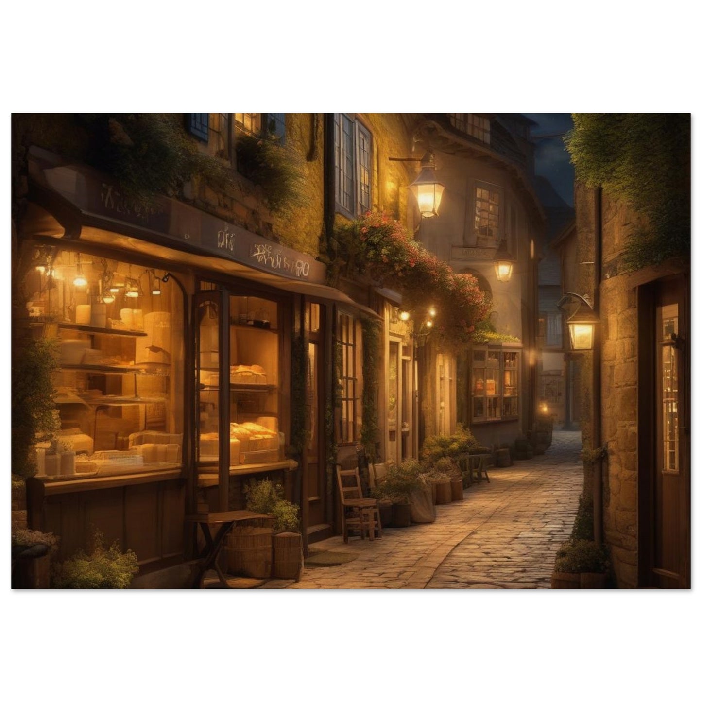 This wall fine art display a charming alley lined with cobblestone streets, warm yellow lights cast a golden glow over a quaint coffee and bakery shop, inviting you to savor the magic of a hidden town. Customized size and high-end materials.