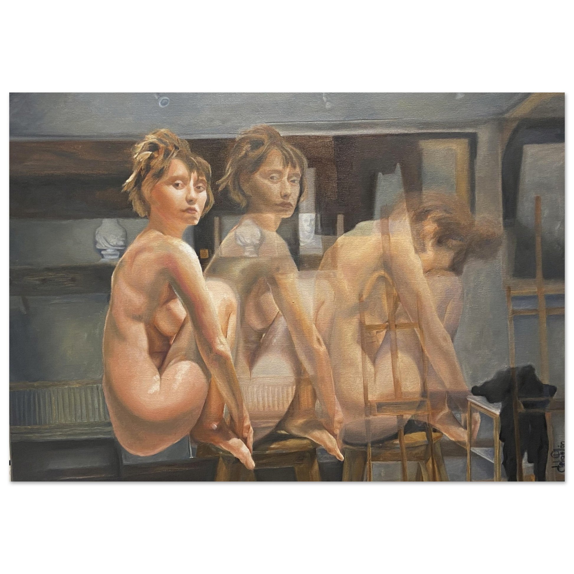 An evocative portrait of a woman in the present and in movement, creating an atmosphere of profound connection to self. Poster.