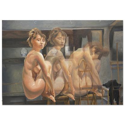 An evocative portrait of a woman in the present and in movement, creating an atmosphere of profound connection to self. Poster.