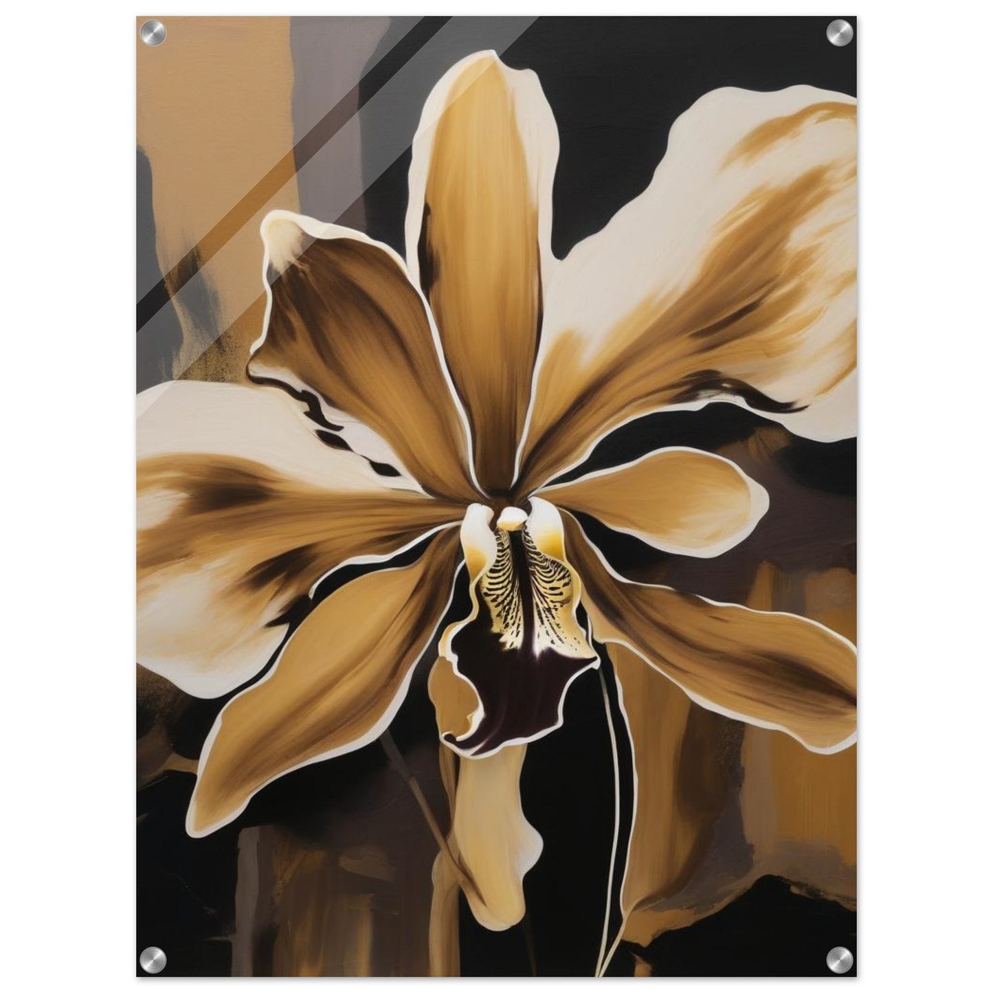 An ocher illustriation of an orchid in acrylic