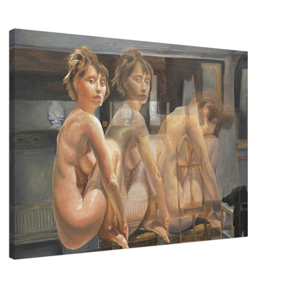 An evocative portrait of a woman in the present and in movement, creating an atmosphere of profound connection to self. Canvas.