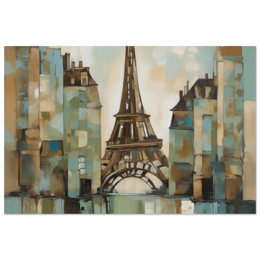 An abstract artwork, inspired by the enchanting landscapes of Italy and the iconic silhouette of the Eiffel Tower, blending vibrant soft greens, warm browns, and muted blues. Poster.