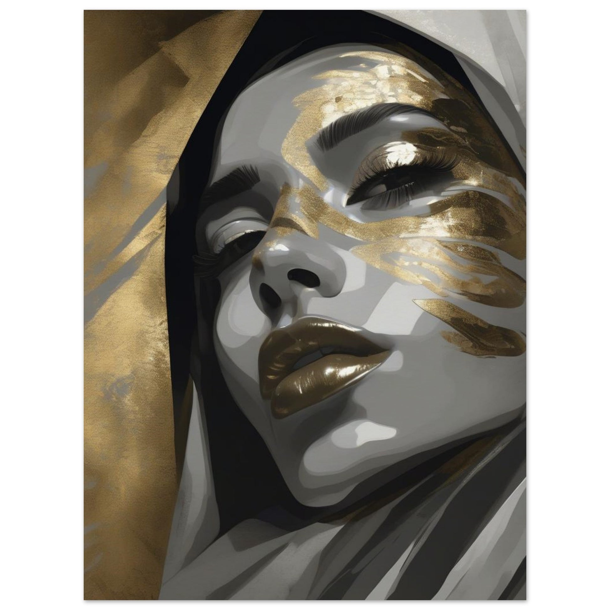 A powerful portrait of a woman In striking grey tones and dynamic shadows, this portrait reveals a powerful gaze that connects with you, radiating confidence and resilience. The subtle touch of gold highlights her inner brilliance, reminding us that true strength shines from within.