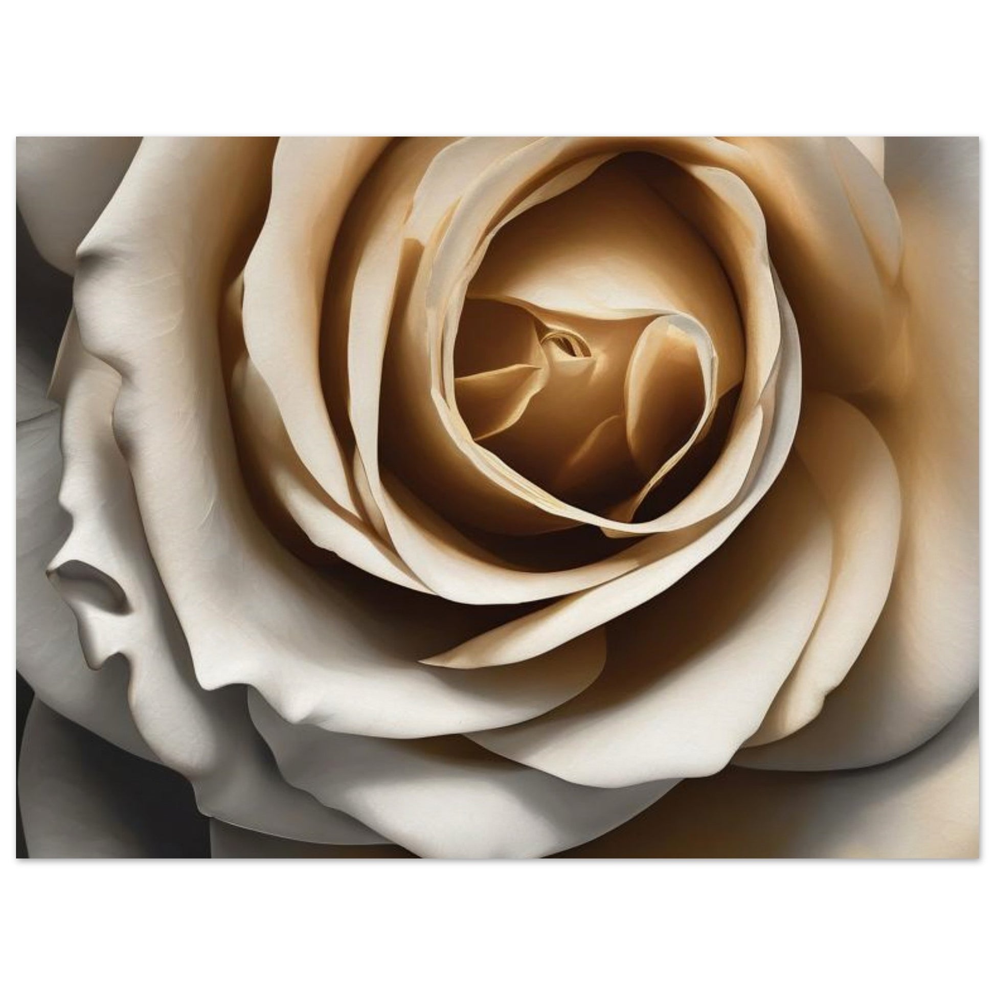 A dramatic but lovely image of a rose, in deep shadows of white and light grey, enhanced with bold light-gold details. Poster.