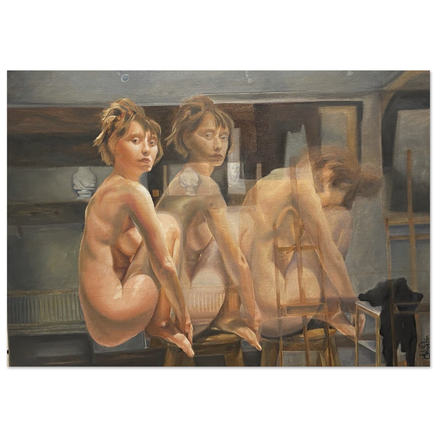 An evocative portrait of a woman in the present and in movement, creating an atmosphere of profound connection to self. Wood.