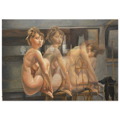 An evocative portrait of a woman in the present and in movement, creating an atmosphere of profound connection to self. Wood.