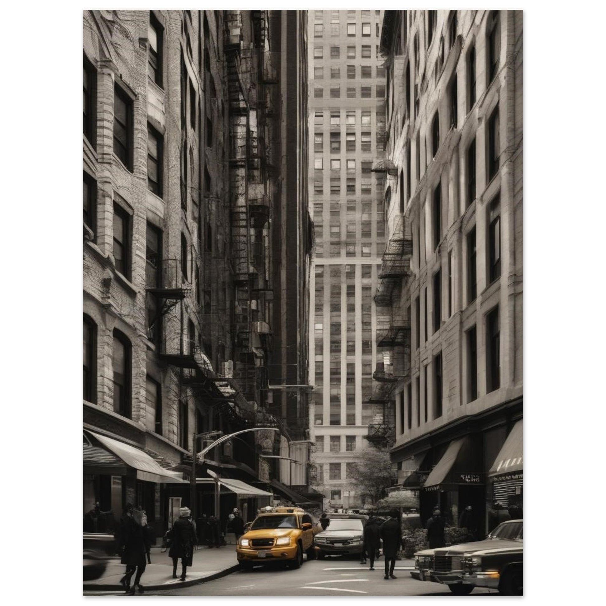 Cityscape digital piece in ocher hues that shows the vibrant pulse of city life in a busy street surrended by beautiful buildings.