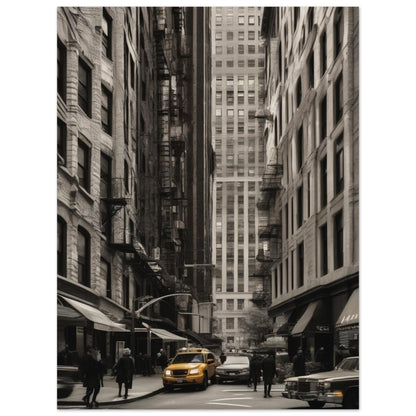 Cityscape digital piece in ocher hues that shows the vibrant pulse of city life in a busy street surrended by beautiful buildings.