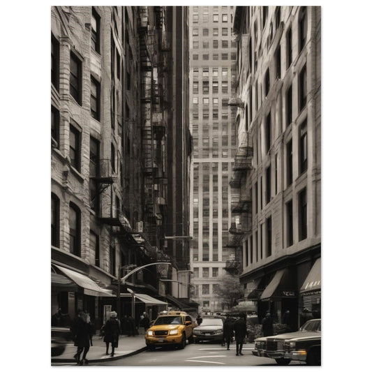 Cityscape digital piece in ocher hues that shows the vibrant pulse of city life in a busy street surrended by beautiful buildings.