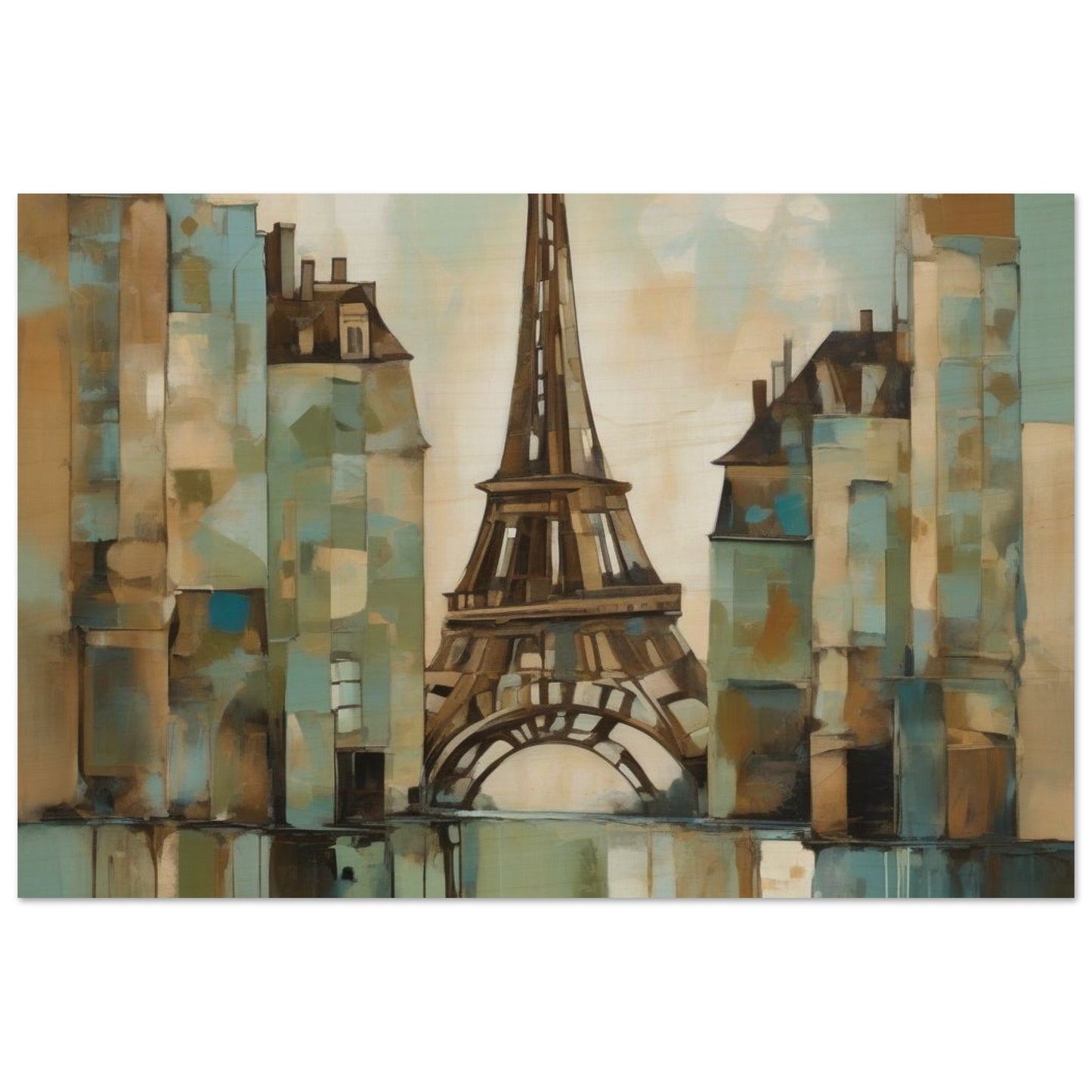 An abstract artwork, inspired by the enchanting landscapes of Italy and the iconic silhouette of the Eiffel Tower, blending vibrant soft greens, warm browns, and muted blues. Wood.