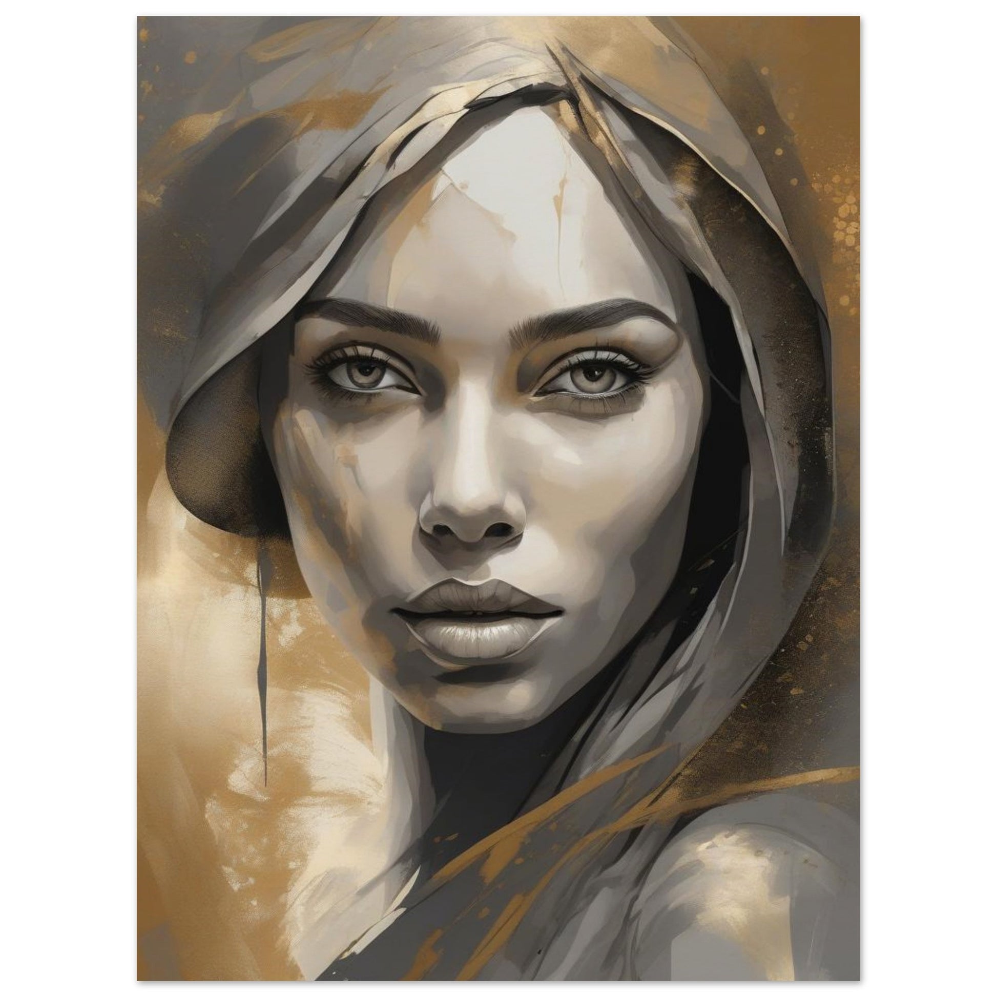 An ocher fine art abstract portrait of a woman created in greys, browns, and strokes of gold, showcasing a deep knowledge, radiating a powerful essence that inspires a full appreciation for life's lessons, the beauty of knowledge and the wisdom that resides within all of us.
