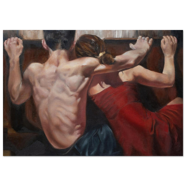 A masterpiece portrait that focuses on the intimacy, heightened by the choice to depict a woman and man backs, enveloping the scene in an air of private contemplation. Her vibrant red dress pulses with life, while his bare back suggests vulnerability intertwined with strength—a powerful portrayal of unity.