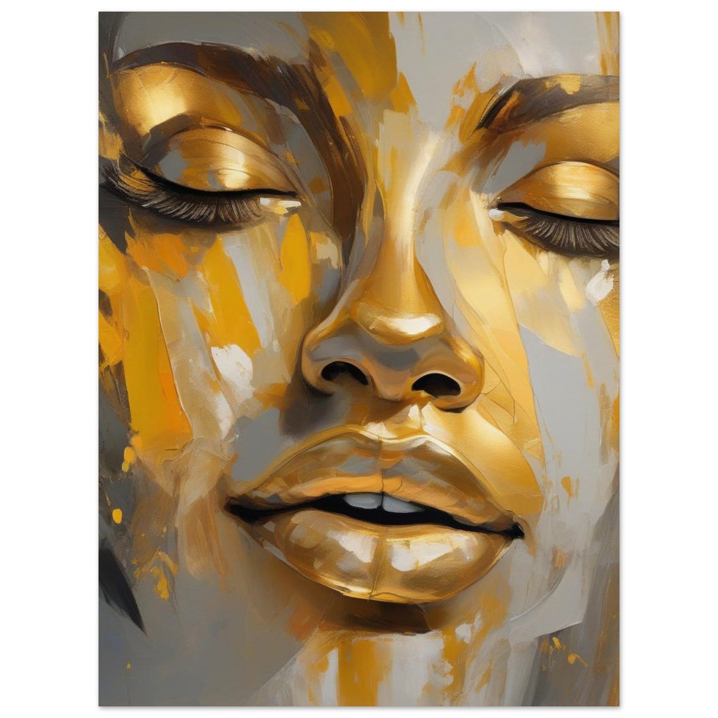 A portrait of a woman that radiates joy and a deep appreciation for life. Delicate strokes of light-yellow gold enrich the piece, infusing it with character and vibrancy. As the edges dissolve into an ethereal blur, the artwork embodies themes of freedom and elevation. Make it your own source of inspiration.