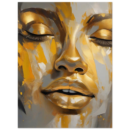 A portrait of a woman that radiates joy and a deep appreciation for life. Delicate strokes of light-yellow gold enrich the piece, infusing it with character and vibrancy. As the edges dissolve into an ethereal blur, the artwork embodies themes of freedom and elevation. Make it your own source of inspiration.