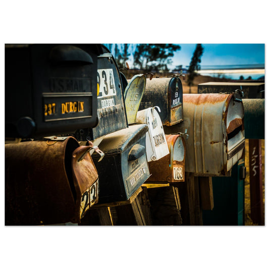 A Still Life photography of mailboxes capturing a visual journey through time. A modern touch of sophistication for spaces. Poster. 