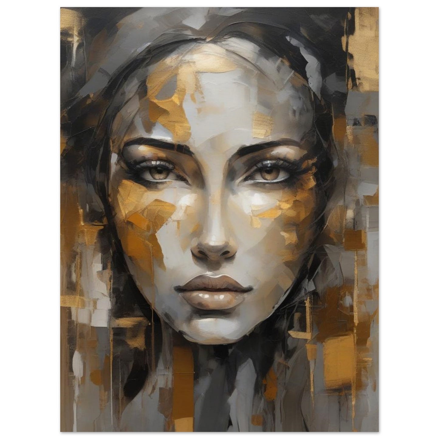 A moving abstract portrait portrays a woman's face in gentle light greys, enriched by warm ocher hues that accentuate her sincere features. Her eyes reach out to the viewer, radiating a powerful essence that fills the heart with joy and an appreciation for life's tender moments