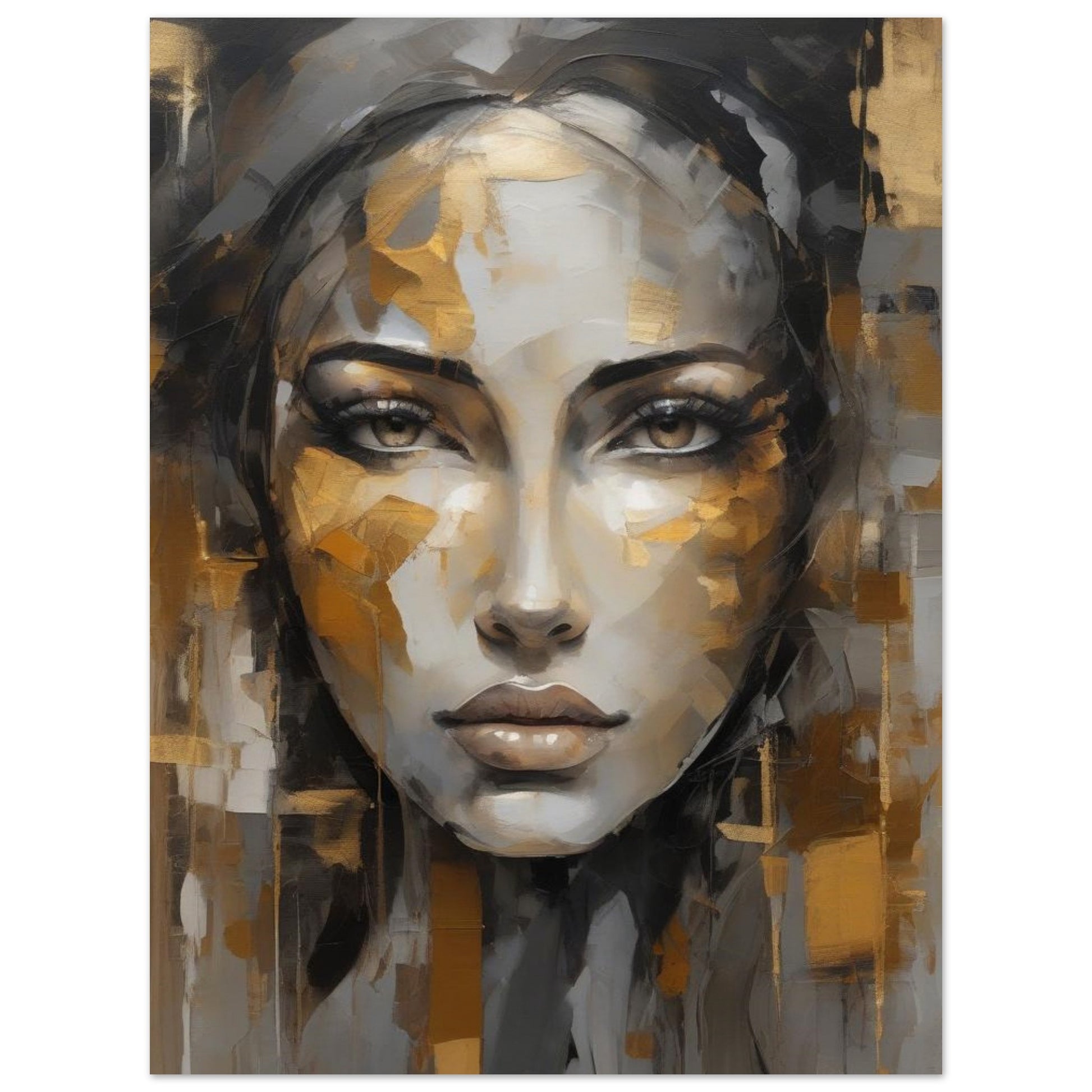 A moving abstract portrait portrays a woman's face in gentle light greys, enriched by warm ocher hues that accentuate her sincere features. Her eyes reach out to the viewer, radiating a powerful essence that fills the heart with joy and an appreciation for life's tender moments