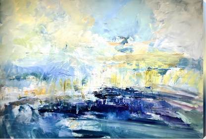 Abstract painting with a mix of blue, yellow, and white colors.