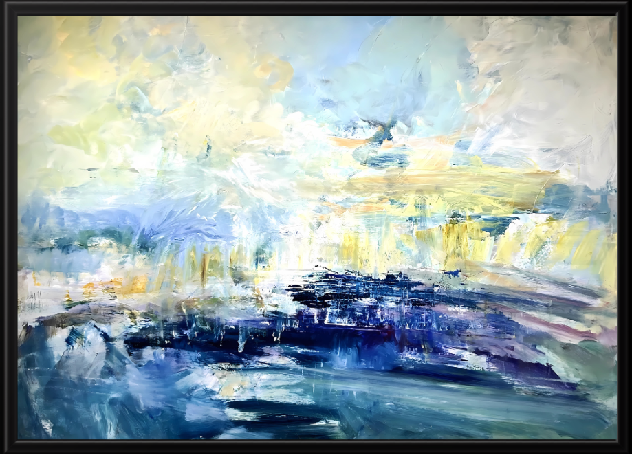 Abstract painting with blue and yellow tones in a black frame