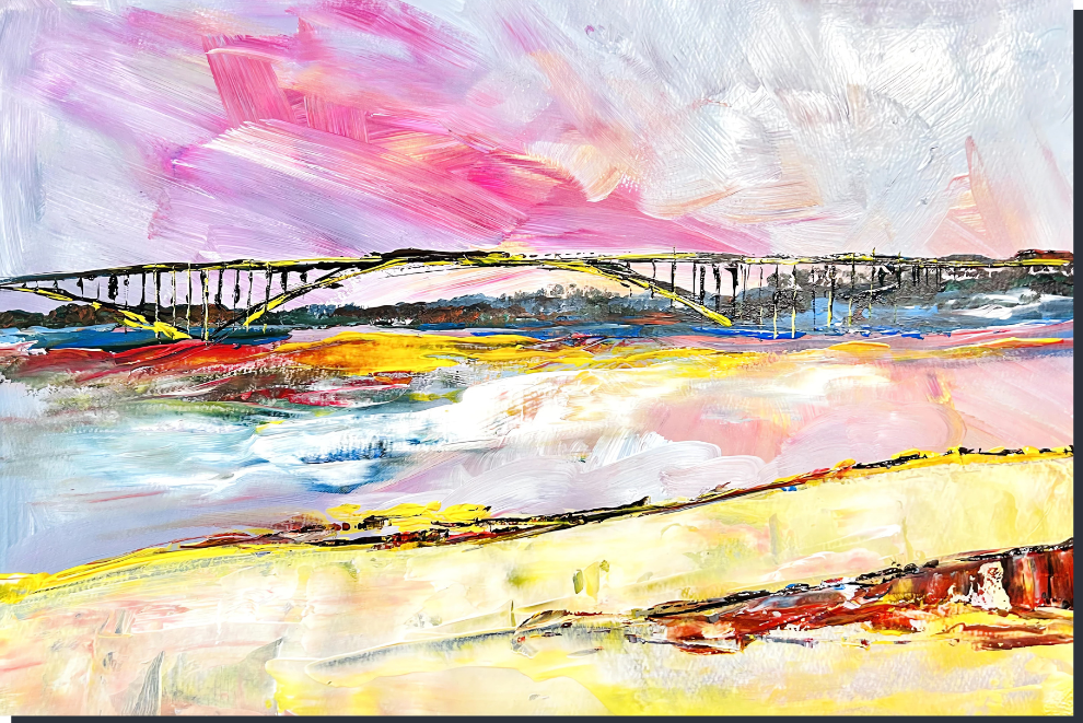 Abstract painting of a landscape with a bridge and colorful brush strokes