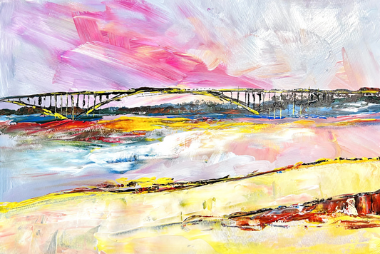 Abstract painting with a bridge and colorful landscape