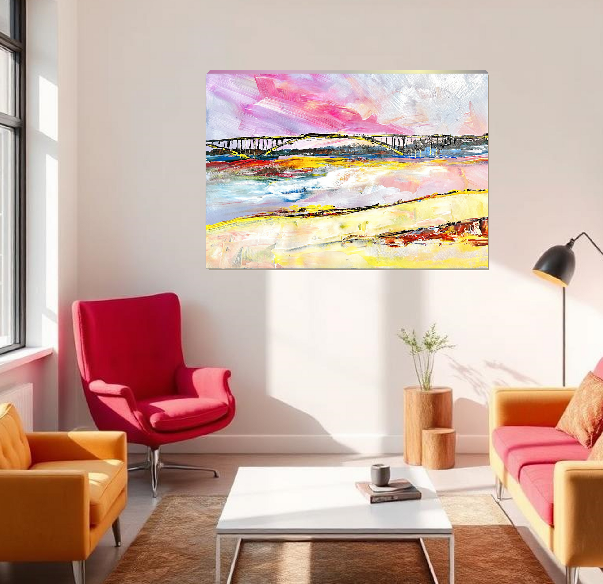 Modern living room with colorful abstract painting on the wall, printed on Museum-quality canvas.