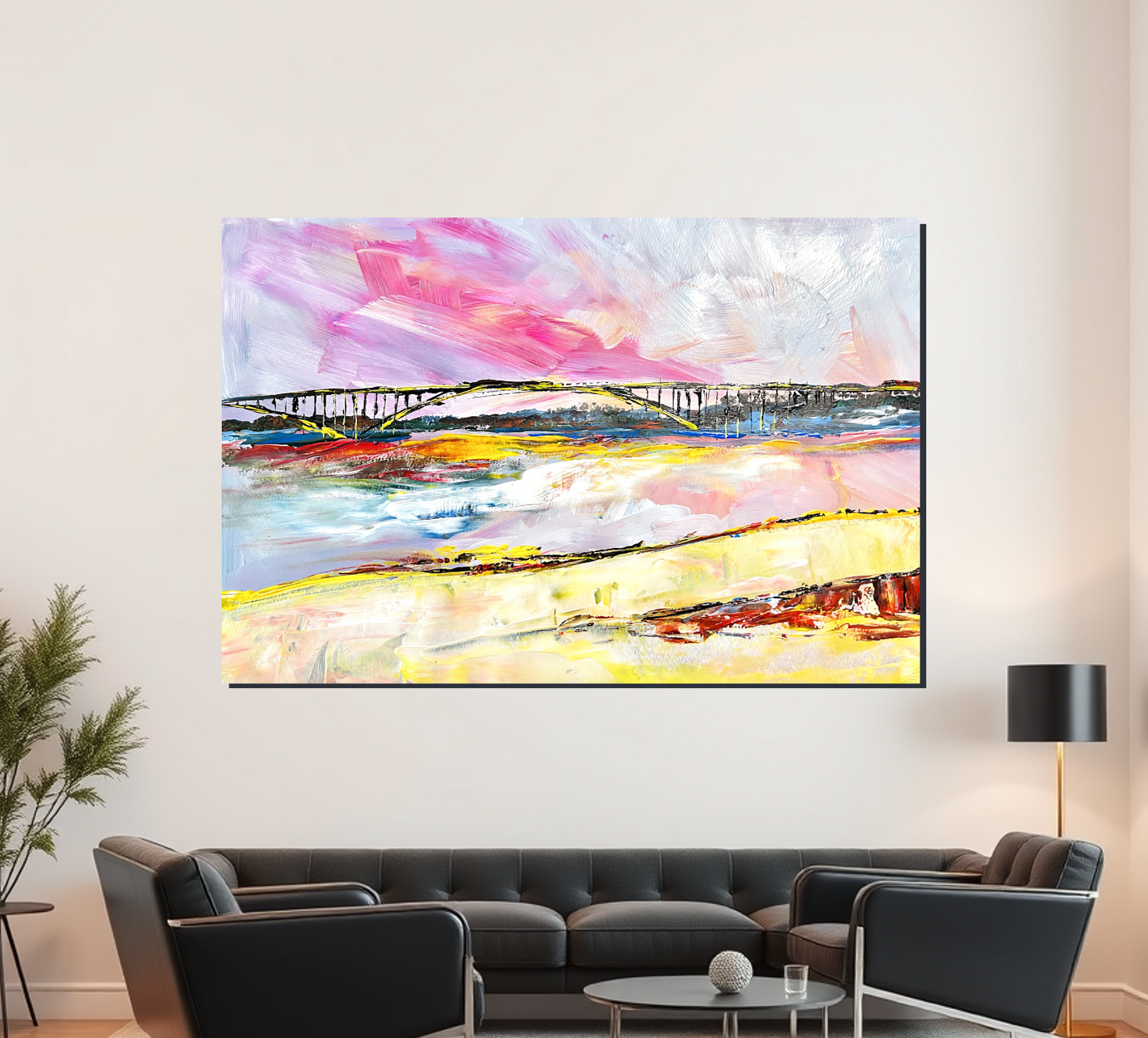 Modern living room with a large abstract painting on the wall, printed on metallic material.