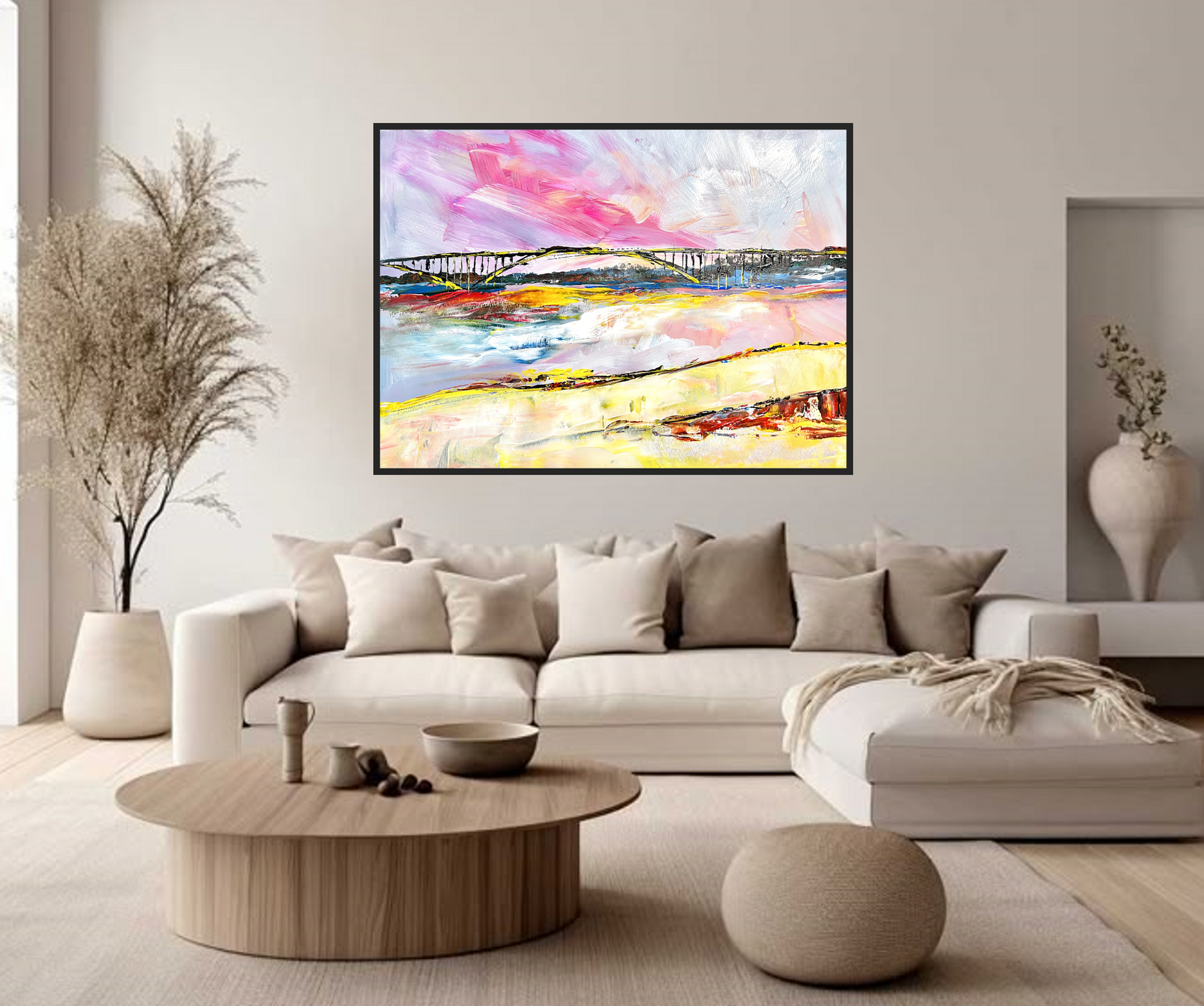 Modern living room with a beige sectional sofa, wooden coffee table, and abstract painting on the wall.